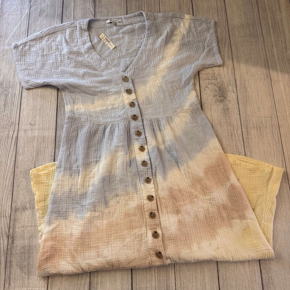 Madewell Tie-Dye Lightspun Button-Front‎ Midi Dress Size XS Cotton w Pockets NWT